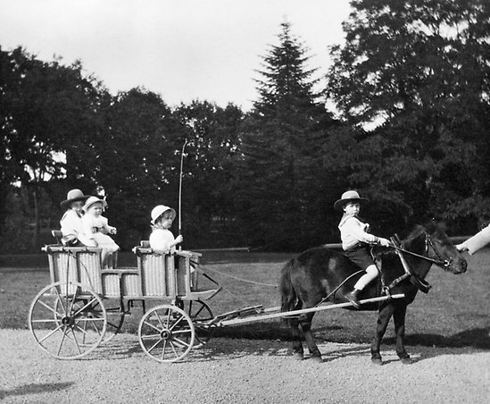 Prins Gustaf Adolf, prinsessan Ingrid, prins Sigvard och prins Bertil åker häst och vagn.